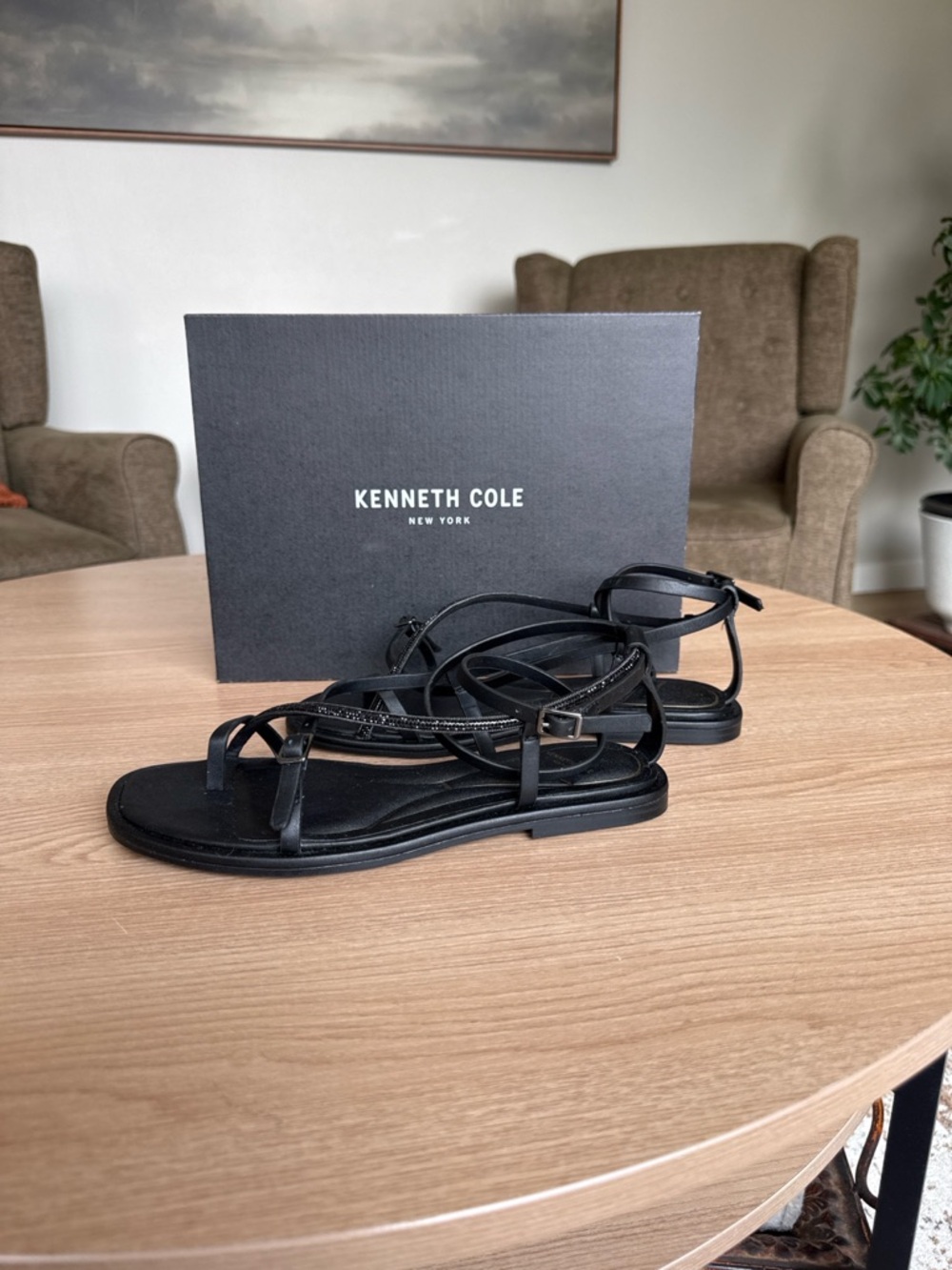 Kenneth Cole New York Black Leather Flat Sandals Ankle Strap Buckle NWT